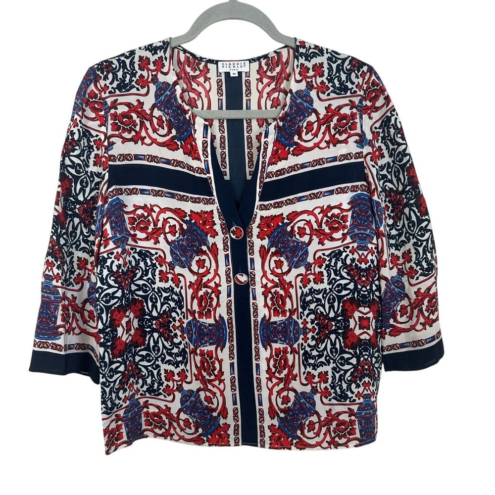 Claudie Pierlot Foulard Scarf Print Blouse Top Red Navy Blue Baroque Size 36 S